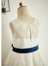 Vintage Ivory Lace Slit Back Knee Length Flower Girl Dress 